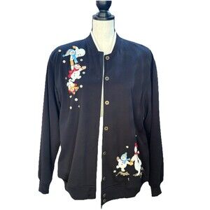 Alfred Dunner Ladies Button Up Sweater/Sweatshirt w/ Snowmen, Black, Medium